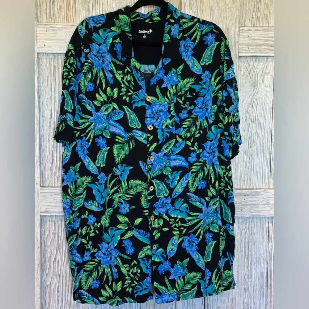KS Island Men's Blue and Green Hawaiian Casual Button Down Shirt sz 2XL Big